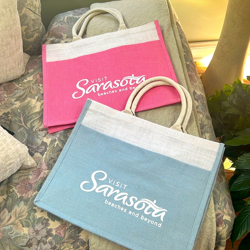 Visit Sarasota Beaches and Beyond Tote Bags Non Woven 17” x 14” Pink or Blue